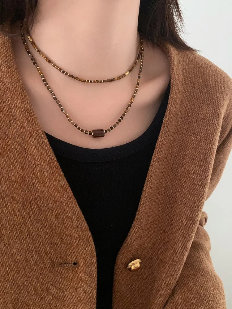 Small square natural tiger eye stone bead necklace popular Meilad sweater chain European& American high-end feeling collarbone