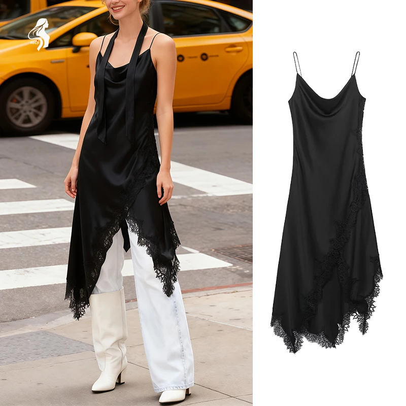 فستان نسائي عصري مع حواف من الدانتيل بحاشية غير متماثلة فستان أنيق ومتعدد الاستخدامات مناسب للحفلات المسائية والتجمعات #1