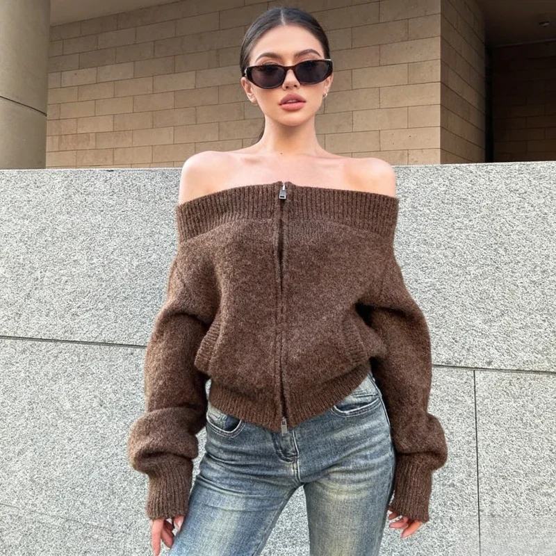 

NEW Autumn Women's Long Sleeve Off-Shoulder Zip-Up Knitted Cardigan, Sweater with Pockets, Retro Streetwear Chic style