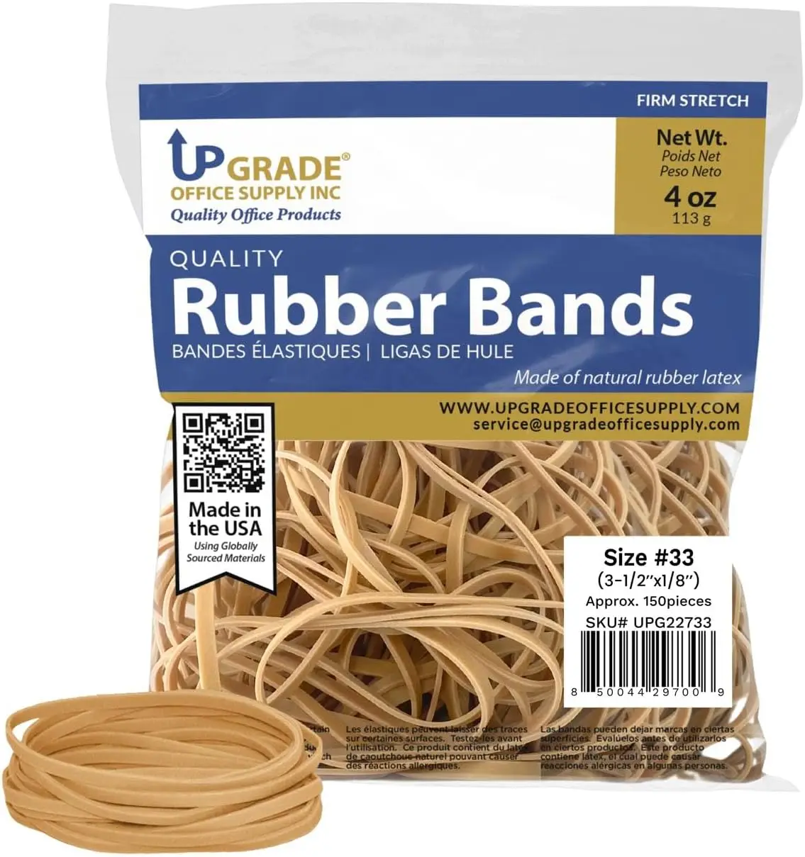 

Rubber Bands Size #33, 3.5" x 1/8", 150 Bands (1/4 lb), Natural Crepe, Durable & Stretchable for Office & Home