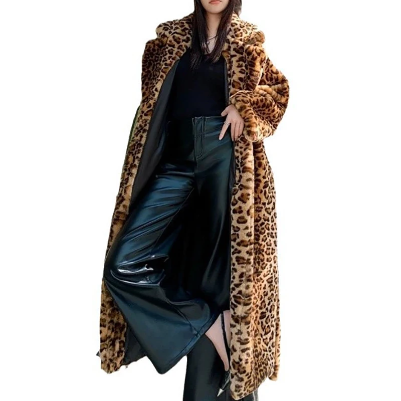 Leopard Faux Fur Coats Women Print Imitation Fox Fur Long Coat Thick Warm Turn Down Collar Jacket Belt Outerwear Jackets Winter