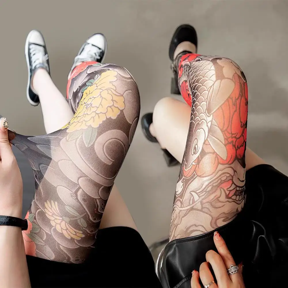 

Women's Sexy Printed Tights Full Leg Tattoo Socks Y2K Fishnet Stockings Vintage Tattoo High Pantyhose Perspective Mesh Leggings