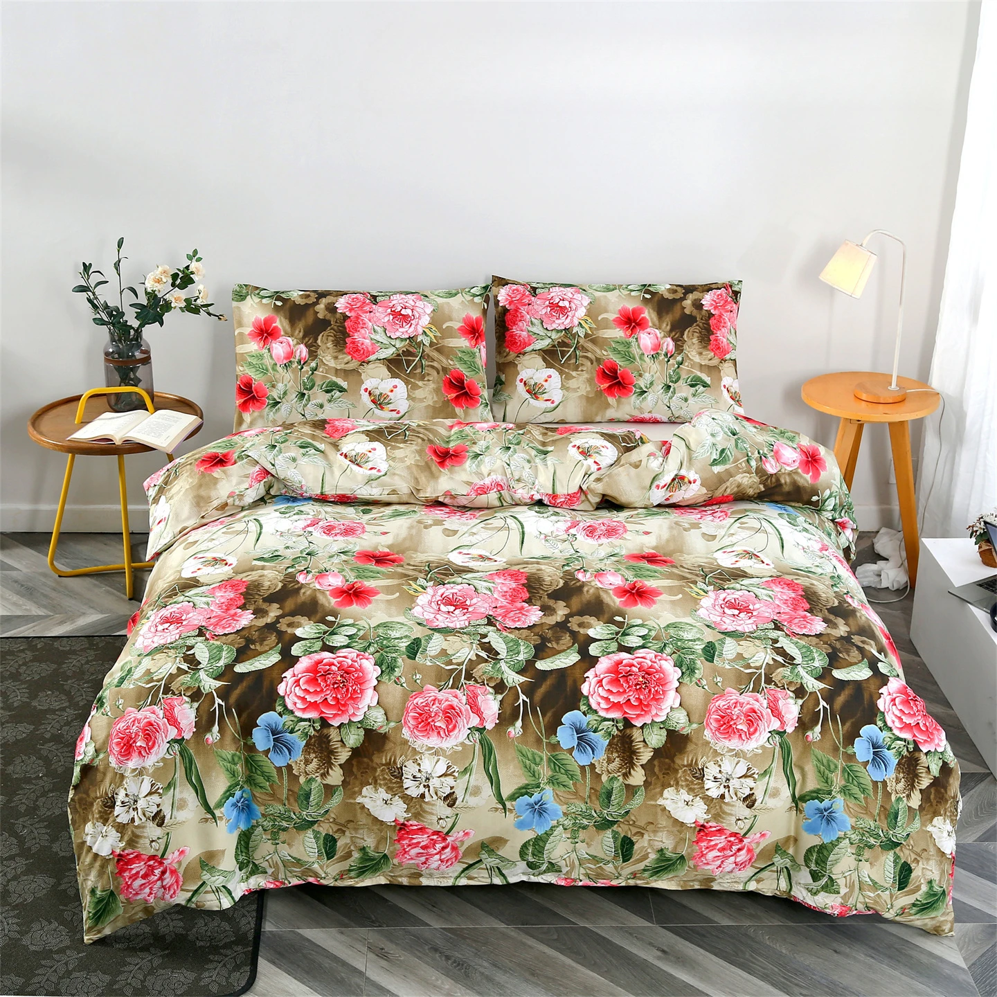 Vintage Floral Duvet Cover Set Queen Size Peony Bedding Sets Leaves Print Breathable Soft Comforter Covers Sets for All Season