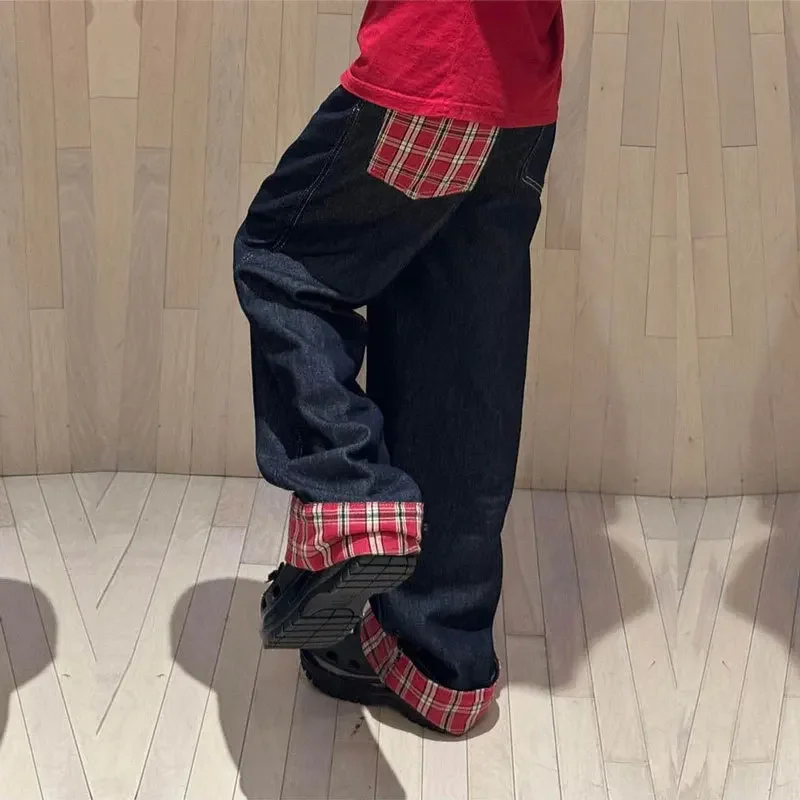 

High Waist Straight Leg Plaid Denim Pants Women's plus Size American Retro Blue Red Splicing Casual Trousers Floor-Length