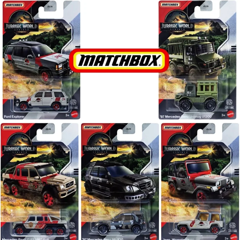 

Original Matchbox Car Boys Toys Jurassic World Rebirth Jeep Wrangler Off-Road Rescueing Ford Explorer Voiture Model Car Boy Gift