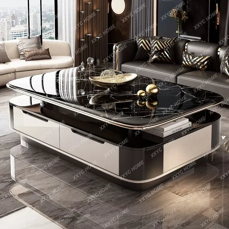 XX Modern Black Coffee Table Microcrystalline Stone Double Layer Storage Extended Tea Table Light Luxury for Living Room Home