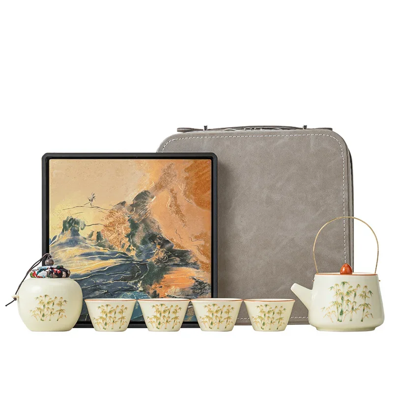 Retro Ru Kiln Tea Set with Golden Silk and Bamboo Rhyme for Home, Light Luxury High-end Office Tea Making Souvenir for Guests