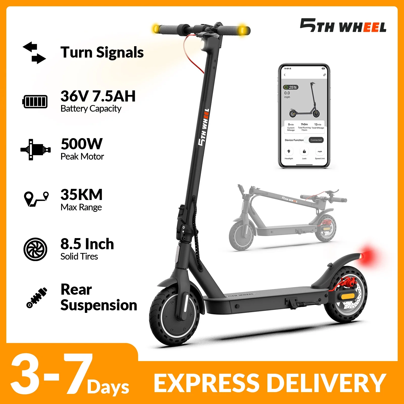 Image of 5TH WHEEL Elektroroller 350W Motor, 8.5" Vollreifen, Geschwindigkeit 25km/h, 270Wh Akku Reichweite 32-35km, Klappbar 14.5kg, E-Scooter mit Doppelbremse und App-Steuerung