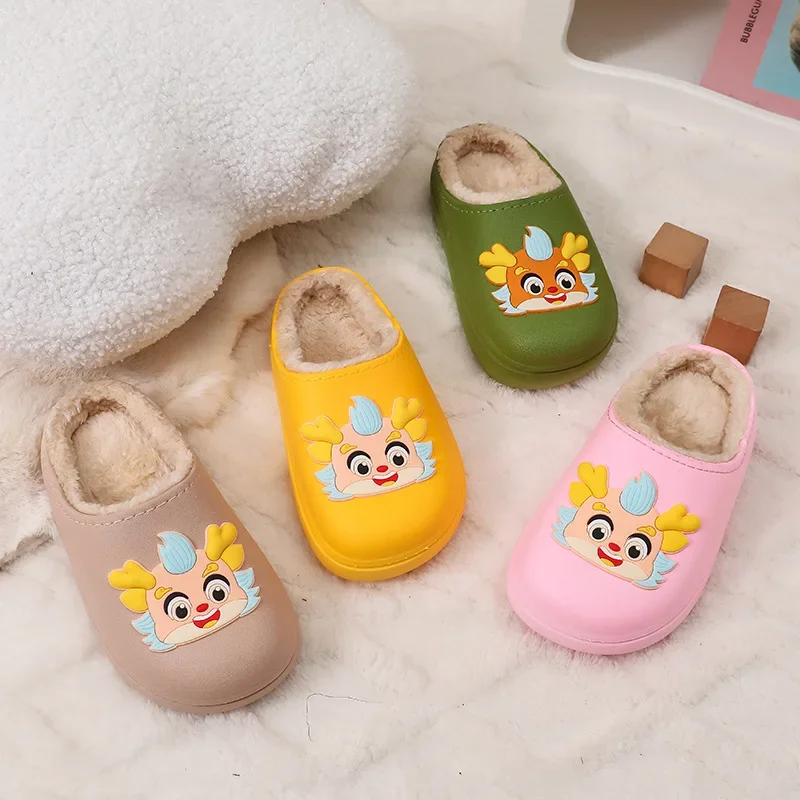 

Хлопковая обувь, детские зимние милые хлопковые тапочки, флисовые теплые верхние тапочки, нескользящие водонепроницаемые домашние меховые тапочки с рисунком дракона