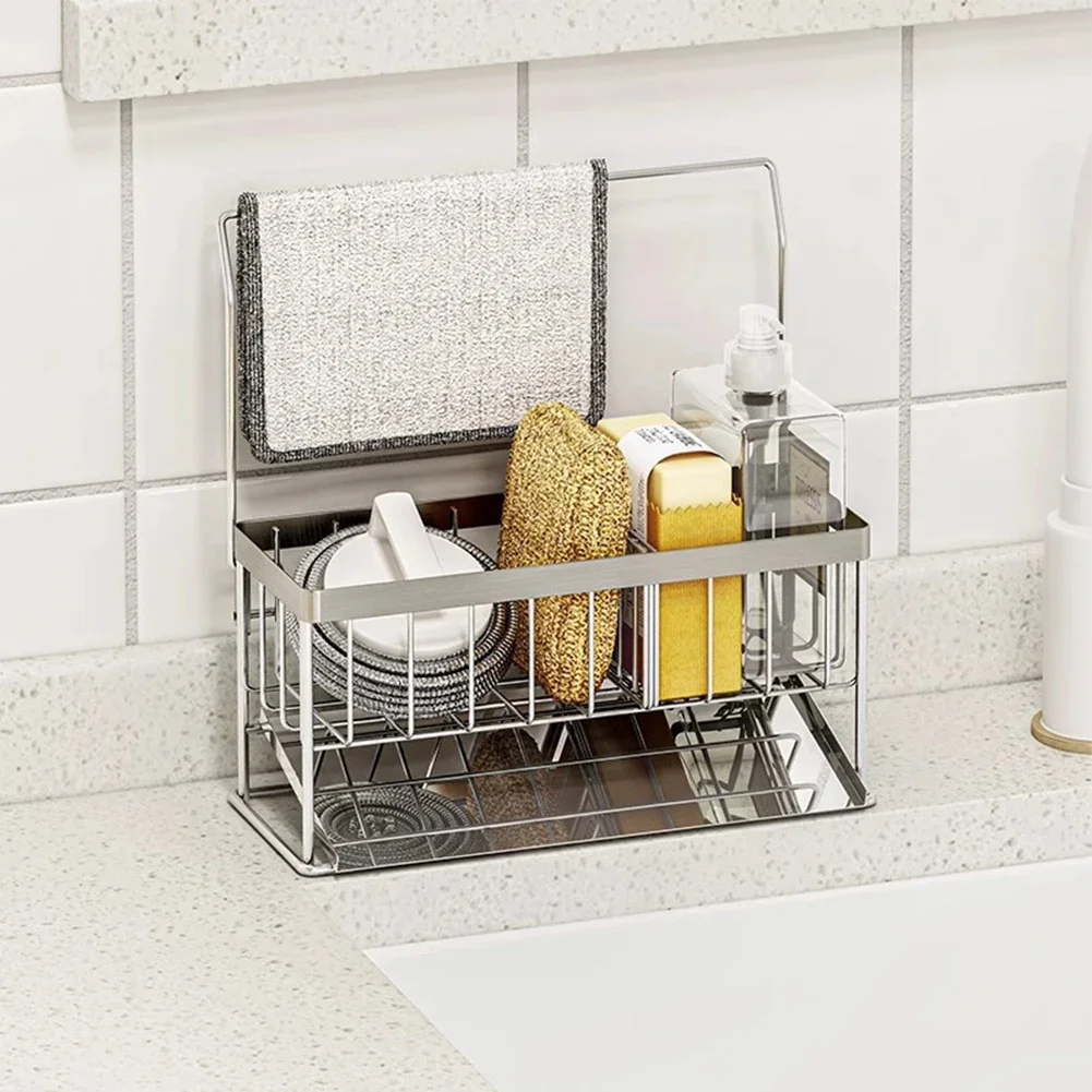 

Kitchen Stainless Steel Sink Drain Rack With Brush Holder Sponge Cleaning Soap Organizer Storage Holder For Kitchen Organizer
