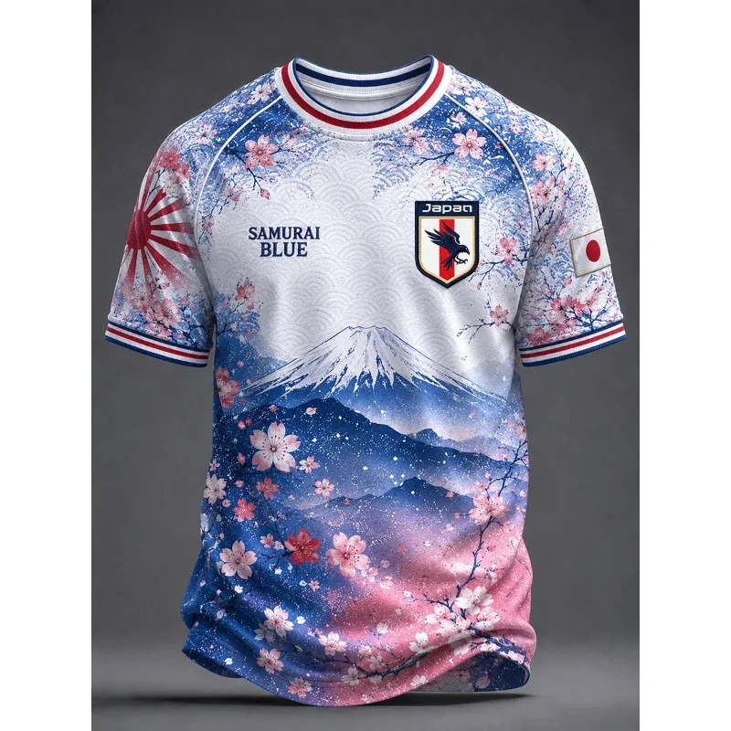 Soccer Jersey 3D Japan Blue Print Unisex Cherry Blossom Mount Fuji Flag Graphic Short Sleeve Football Quick drying  breathable