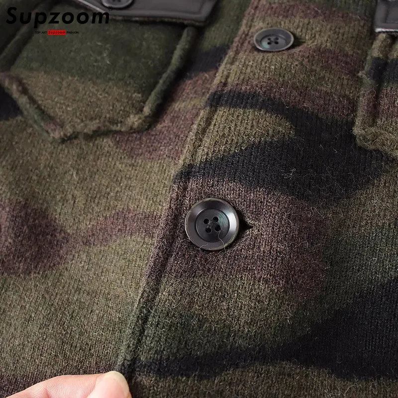 Supzoom-casaco de lã casual espessado, jaqueta quente, design de camuflagem de malha, moda superior, patchwork, nova chegada, inverno, 2023