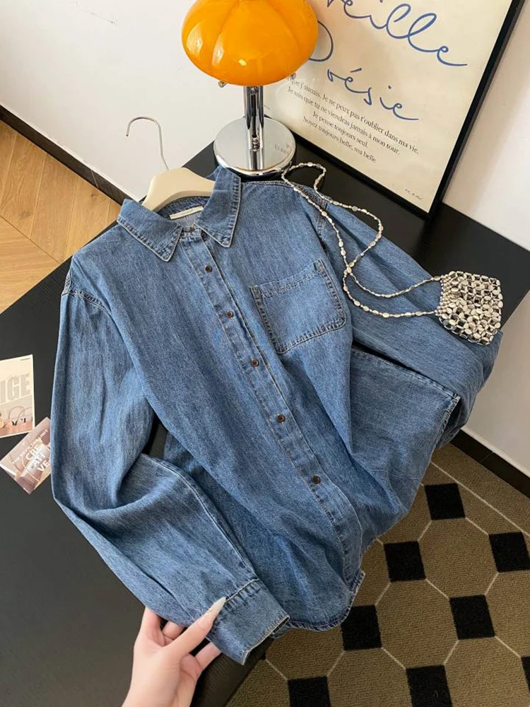 

Vintage Denim Shirts For Women 2025 Autumn Streetwear Long Sleeve Jean Tops Lady Design Sense Niche Loose Shirt