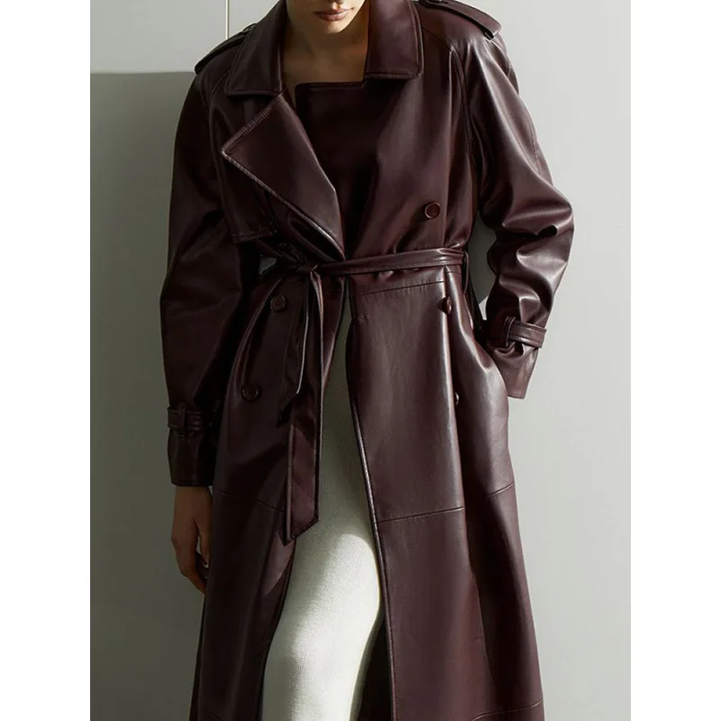 

2025 Autumn Winter Burgundy Lace Up Matte Leather Jackets Women Fashion Lapel Button Full Sleeve Long Coats New Street Outerwear