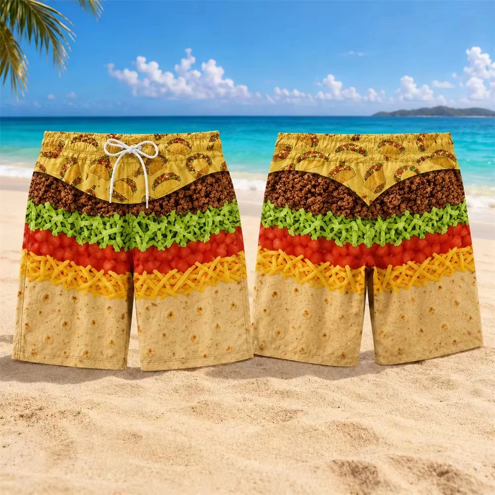 3D Print Fries Popcorn Burger Swim Trunks Fashion Casual Quick Dry Funny Food Pattern Beach Shorts Summer Family Matching