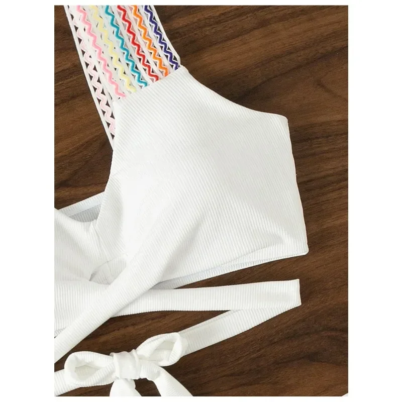 Vrouwen zomer effen kleur badpak sexy hoog getailleerde puur katoenen jarretel badpak mode strakke gestreepte split bikini set