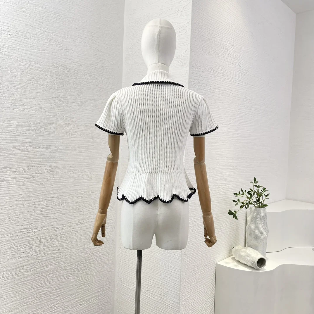 2024 Classic White Clothing Short Sleeve Turn-down Collar Black Trim Cardigan Tops High Quality for Women