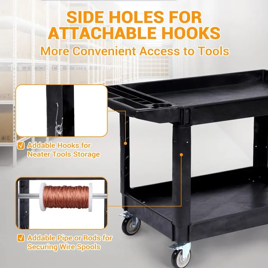 عربة خدمة PP كبيرة شديدة التحمل 45.7 × 25.6 بوصة، عربة أدوات دوارة مع عجلات دوارة 360 درجة، 550 رطل، رف كبير الحجم، تخزين Ha
