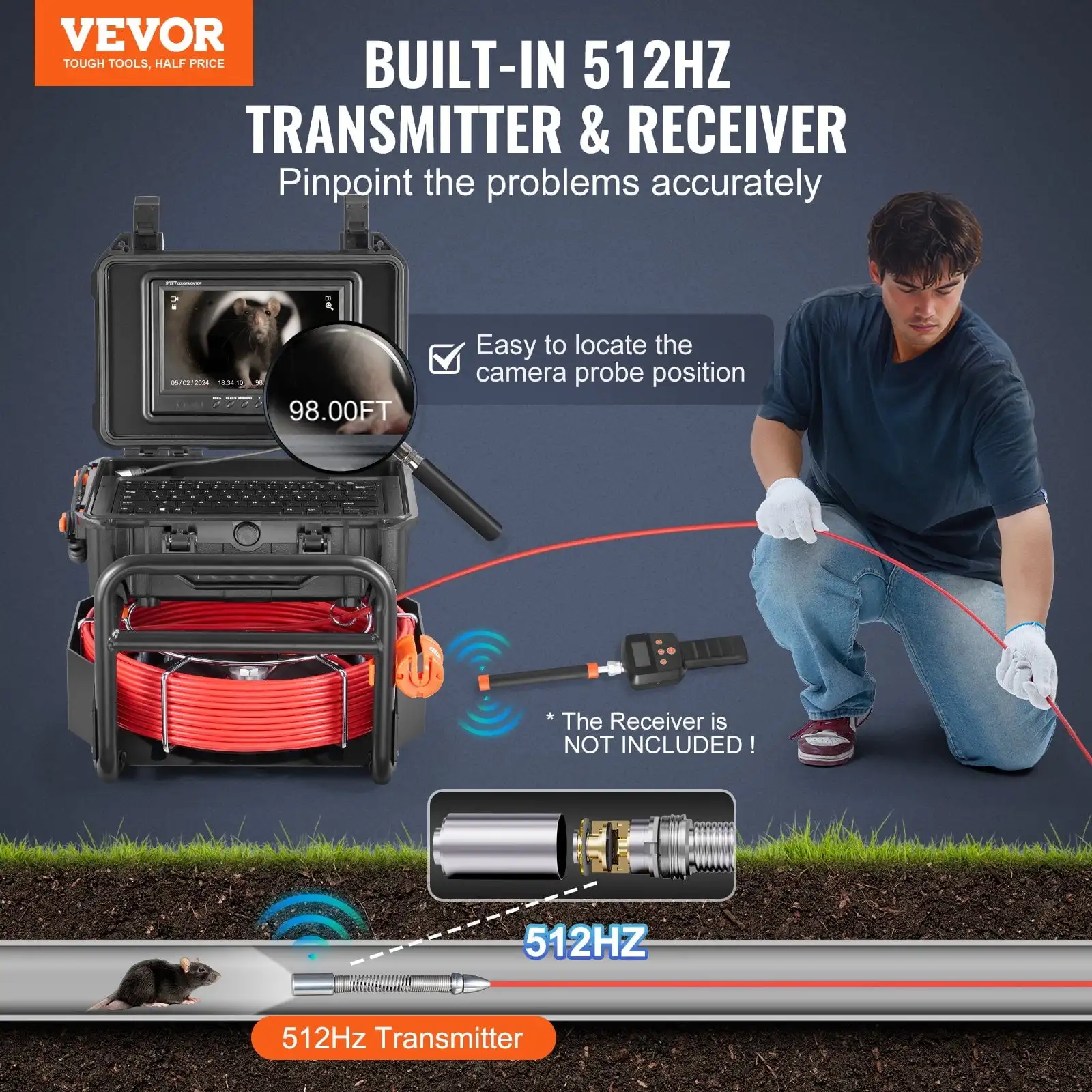 Sewer Camera 98 ft/30m Self-Leveling Drain Camera with 512Hz Transmitter