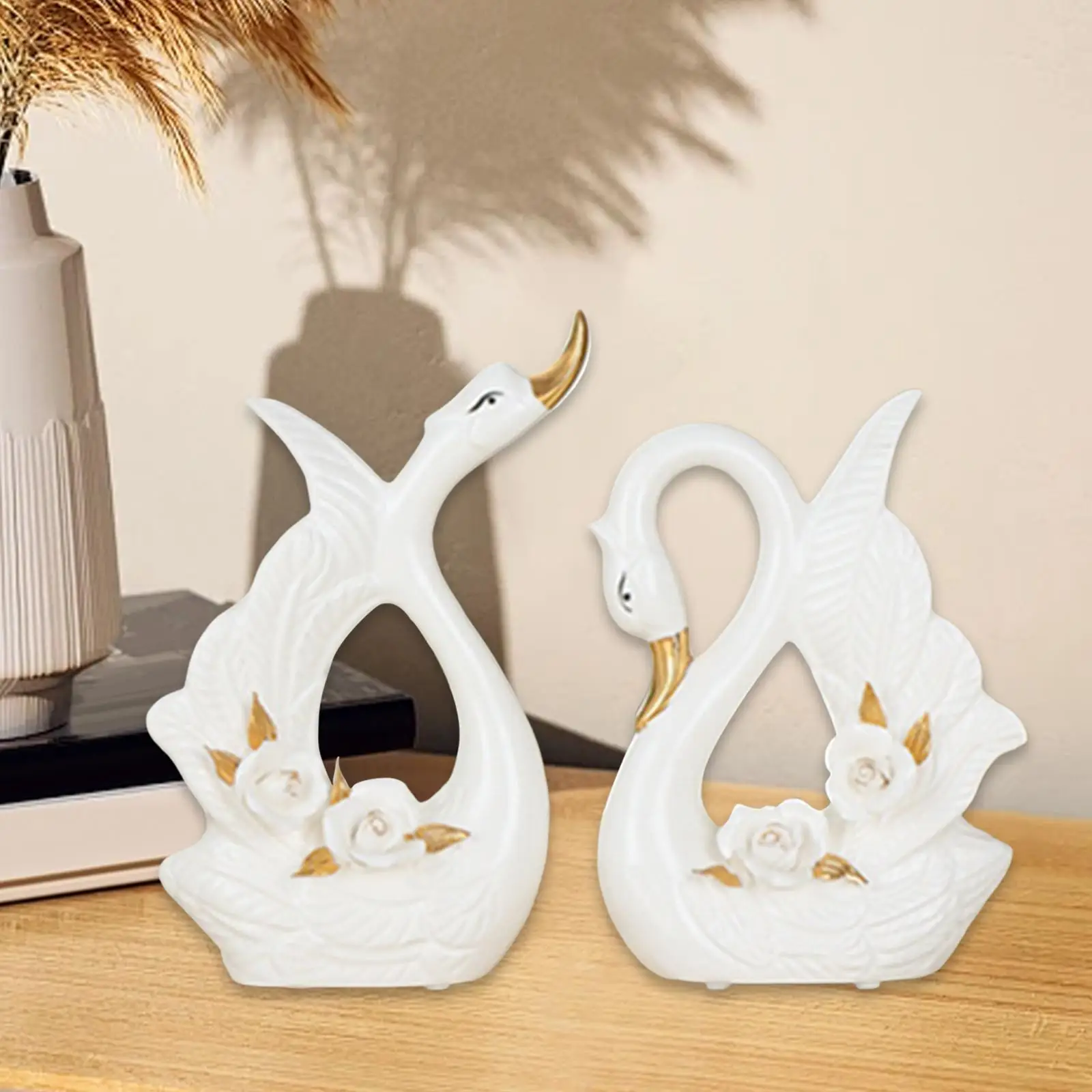 

2x Couple Swan Statues Animal Sculpture Modern Glazed Art Crafts Ornament for