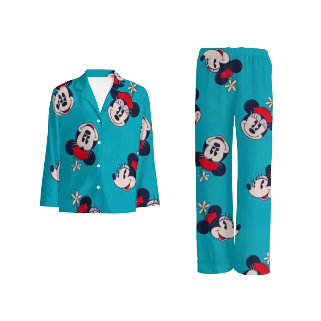 

Mickey Mouse pajama set with a buttoned long sleeve top and elastic waistband pants for men and women.