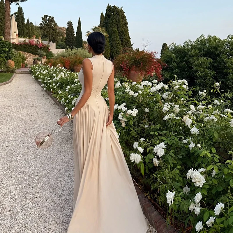 Robe longue plissée, Sexy, Slim, couleur unie, grand ourlet, élégante, ajourée, robe de bal, tempérament, col rond, sans manches