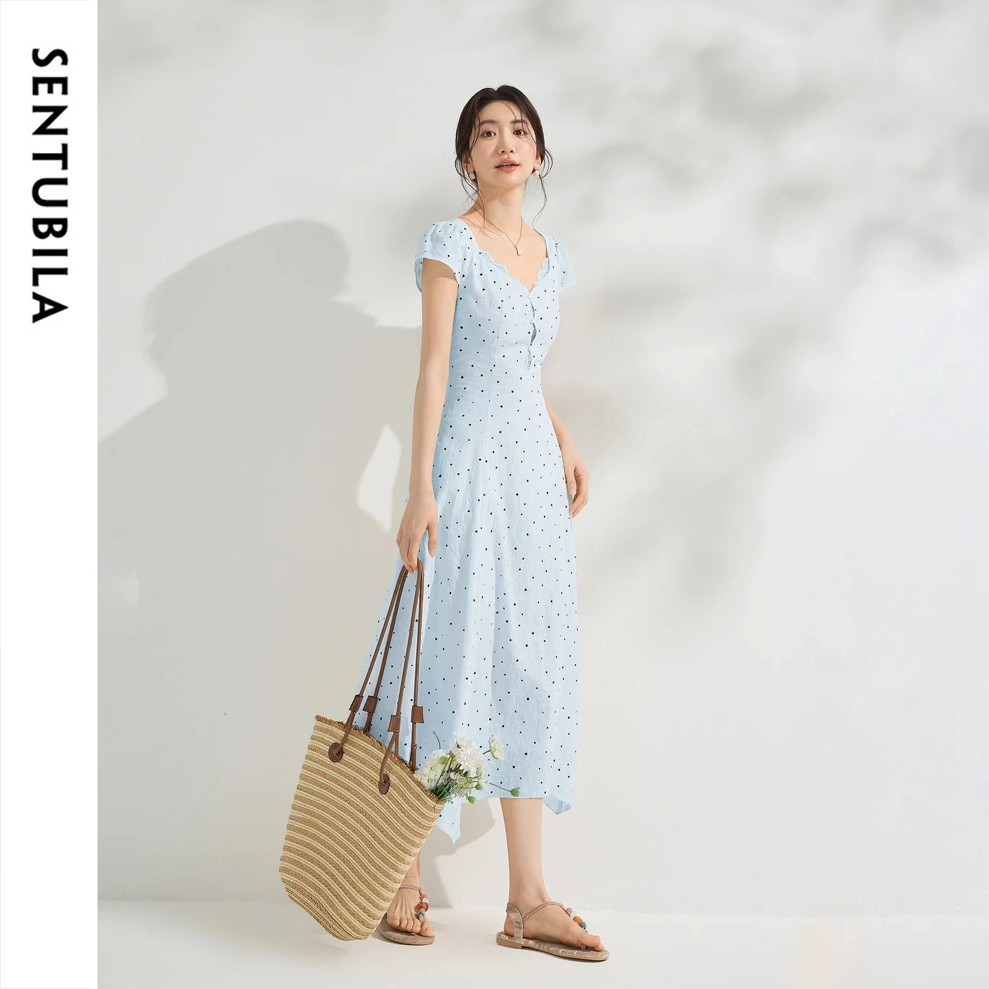 

SENTUBILA French Elegant Polka Dot Dress Women 2026 Summer Hollow Out Lace Square Neck Asymmetric Hem Tie Waist Dress 162LO7265