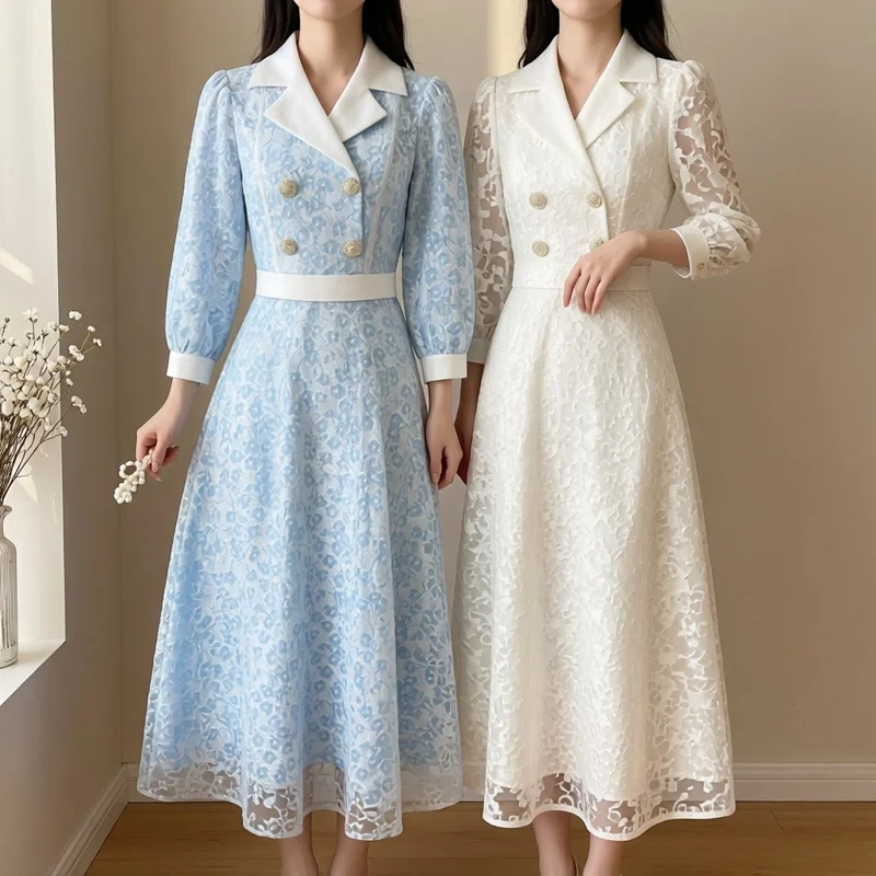 

Elegant British Style Long Double-Breasted Tailored Dress with Floral Cut-Outs And Suit Collar for plus Size Women