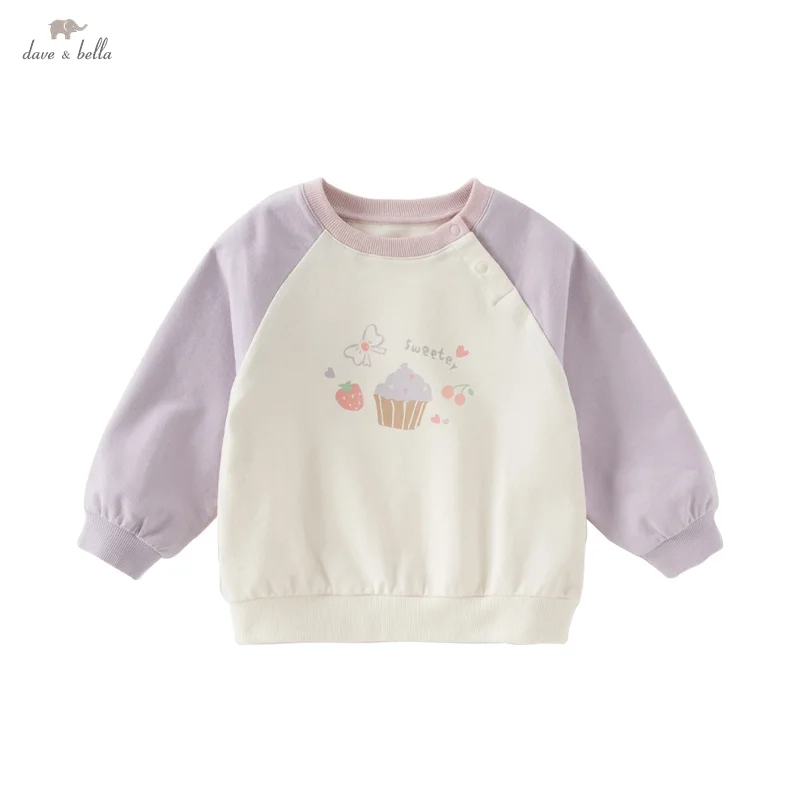 Dave Bella 2025 Spring Girls Baby Hoodie Pullover Long Sleeve Sweet Cute Cartoon Print Children's Half High Collar Top DB1250917