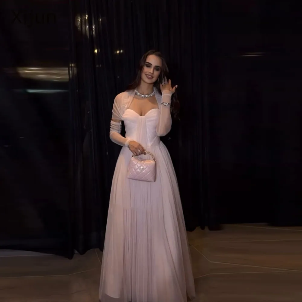 

Xijun Elegant Pink Chiffon Evening Dresses Sweetheart Pleated A-Line Long Sleeves Prom Dresses Saudi Arabia Prom Gowns Customize
