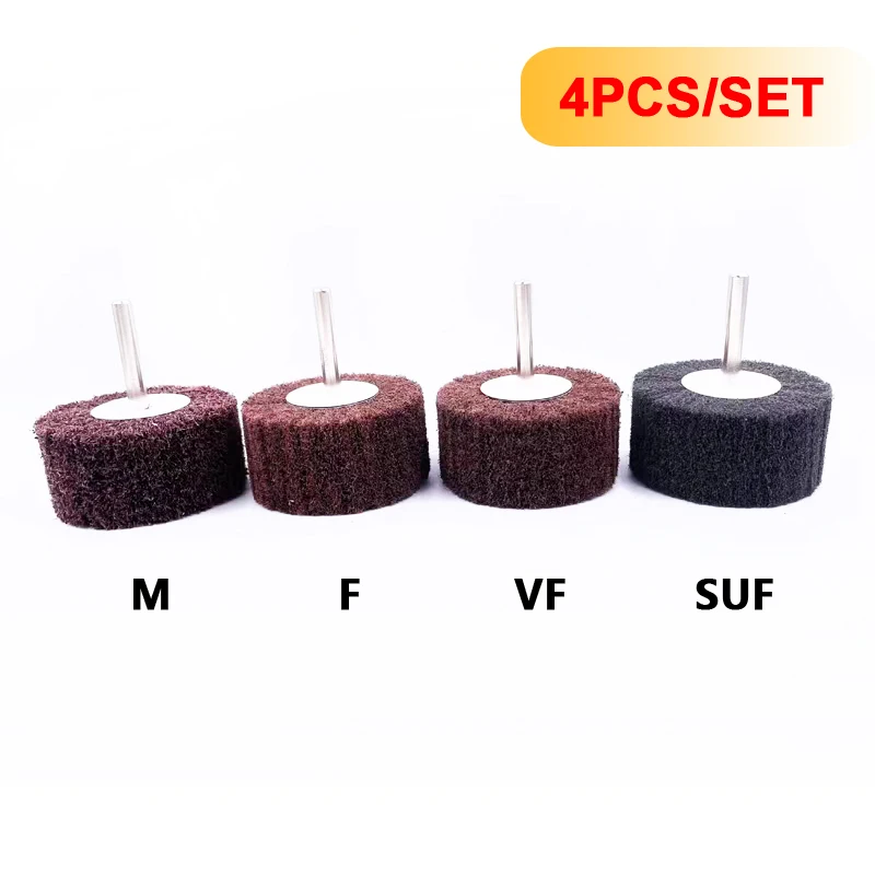 

4Pcs Set Non-Woven Abrasive Buffing Wheel Drills - M/F/VF/SUF Grit Polishing Wheels for Metal, Wood, Plastic- 1/4" Shank