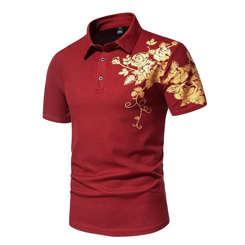 

Gold Bronzing Rose Designer Men Luxury Polo Shirts 2025 Summer Casual Short Sleeve Floral Printed Golf Tee Shirt Homme Mens Tops