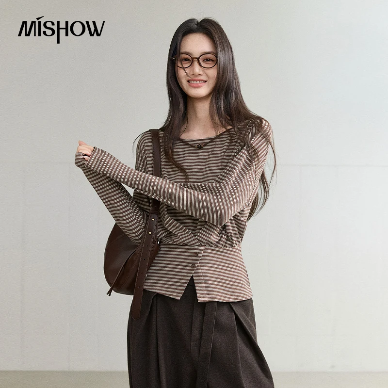 MISHOW Korean Striped Knit Long Sleeve T-shirt 2026 Autumn Bead Neckline Twisted Waist Tees Slim Casual Fashion Tops MXF44T3181 image 4