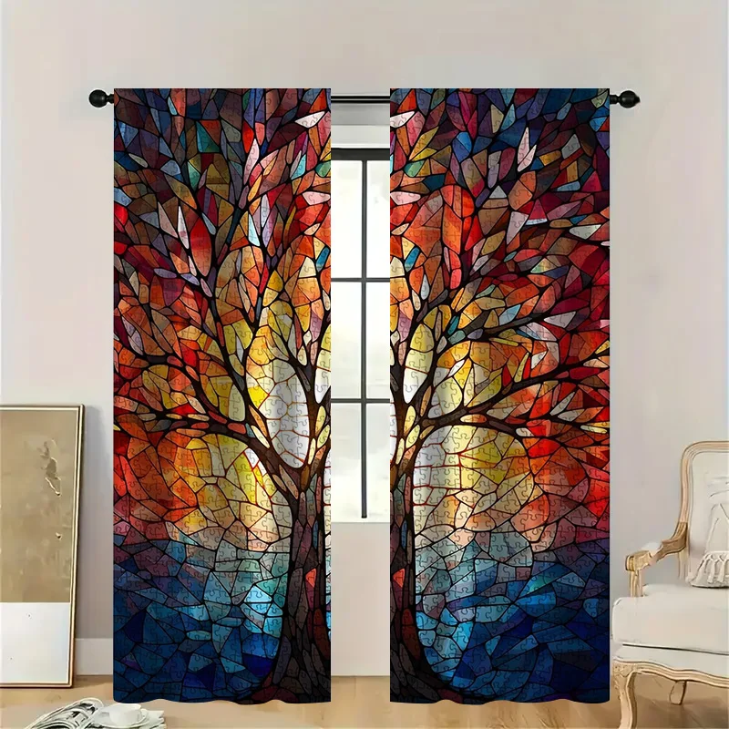 2pcs Stained Glass Forest Curtains with Rod Pocket, Autumn Tree Silhouette Sheer , Artistic Landscape for Cozy Living Room