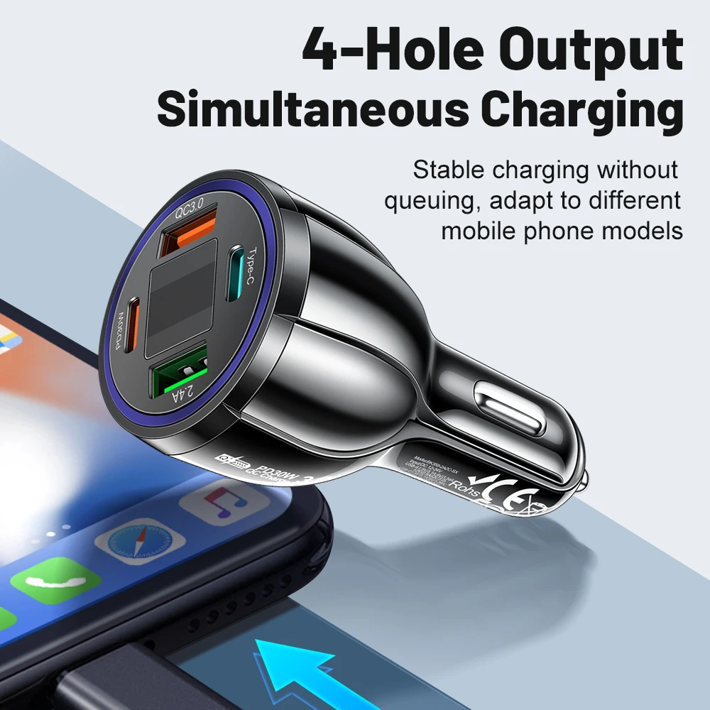 USB C Car Charger 30W Adapter 4 in 1 Type C PD Fast Charging with Voltage Digital Display for Mobile Phone Iphone Xiaomi in Car