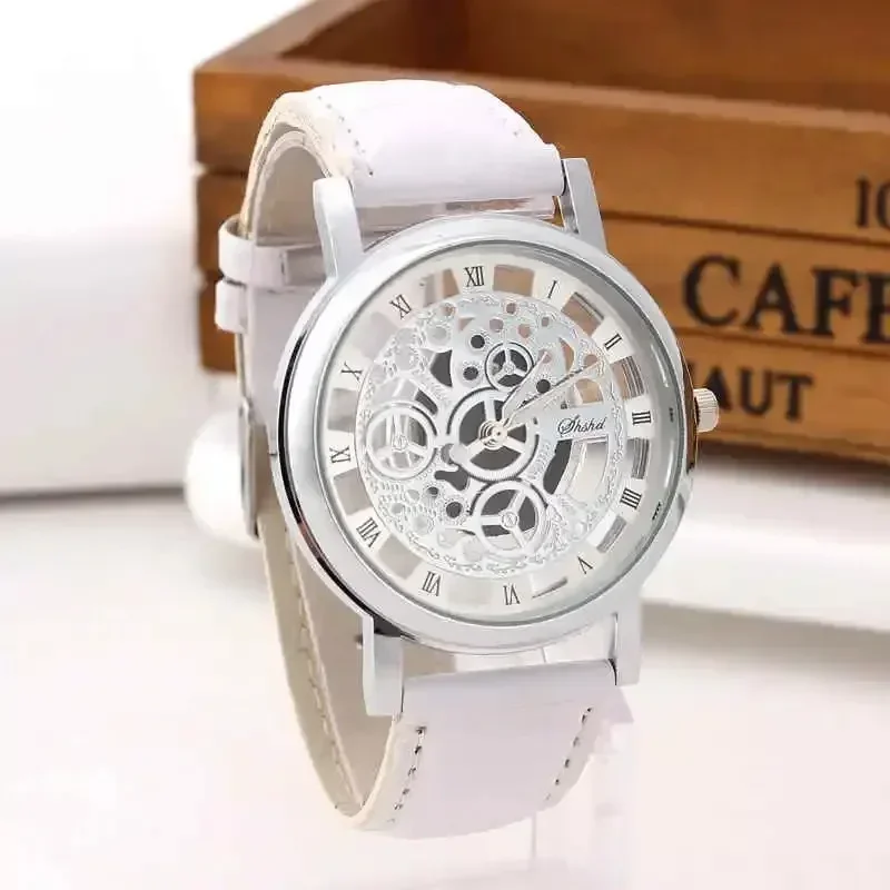 Reloj mecánico de imitación a la moda para hombre, relojes con esqueleto ahuecados, relojes de pulsera de cuarzo con banda de cuero, reloj Masculino