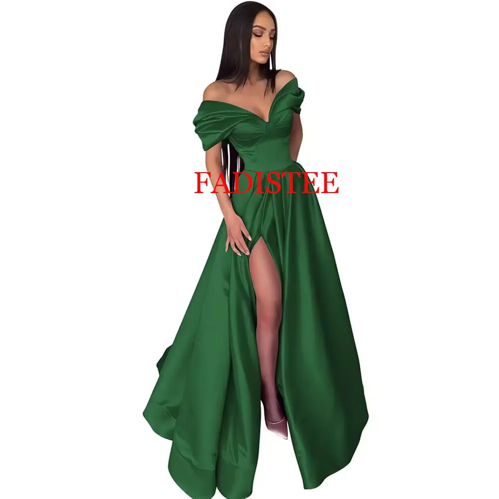 Elegant Pleats Prom Dresses Satin Side Slit Evening Gown Off The Shoulder Party Evening Dress For Woman Formal Robes De Soirée