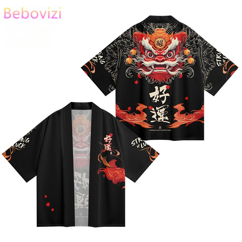 

Chinese Style Lion Dance Good Luck Print Traditional Kimono Japanese Fashion Beach Cardigan Tops Women Men Haori Asian Clothing