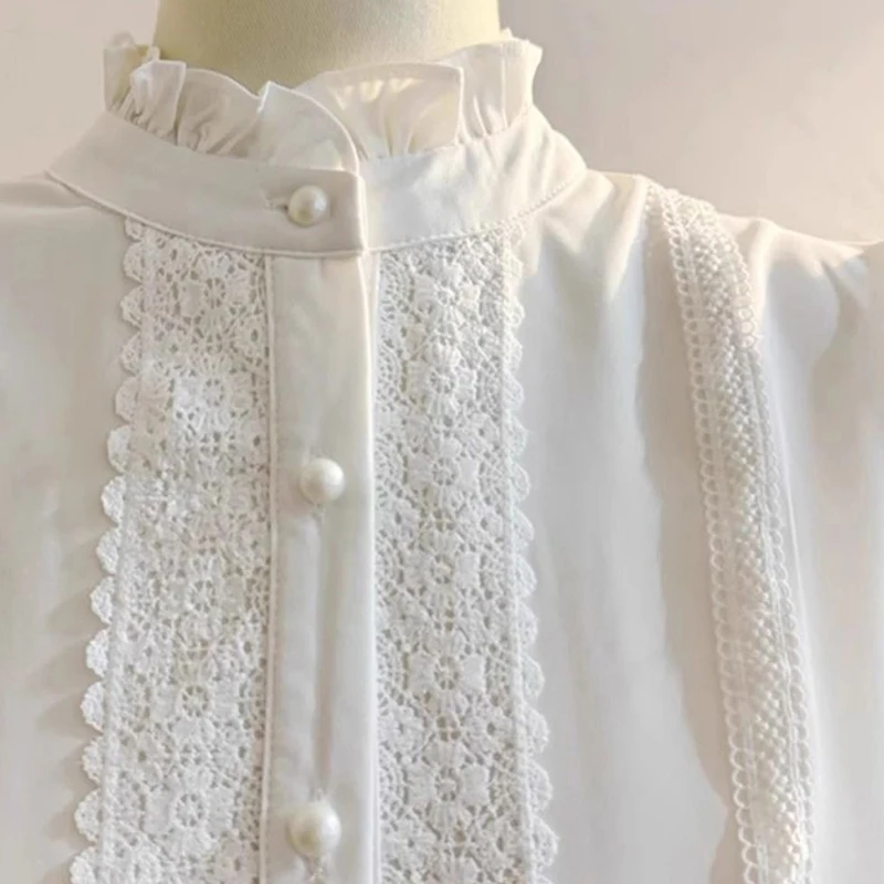 الدانتيل لوحة المرقعة بلوزة بيضاء المرأة كشكش طوق كم طويل قميص أنيق لوليتا صف واحد أزرار Jk بلوزات غير رسمية على الموضة #5