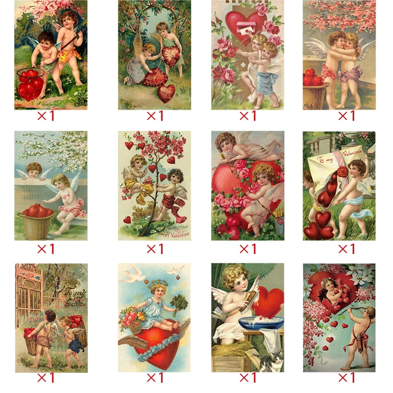 12pcs Retro Valentine\'s Day Postcard Cute Couple Little Angel Love Heart Pattern Greeting Card Anniversary To My Valentine Gift