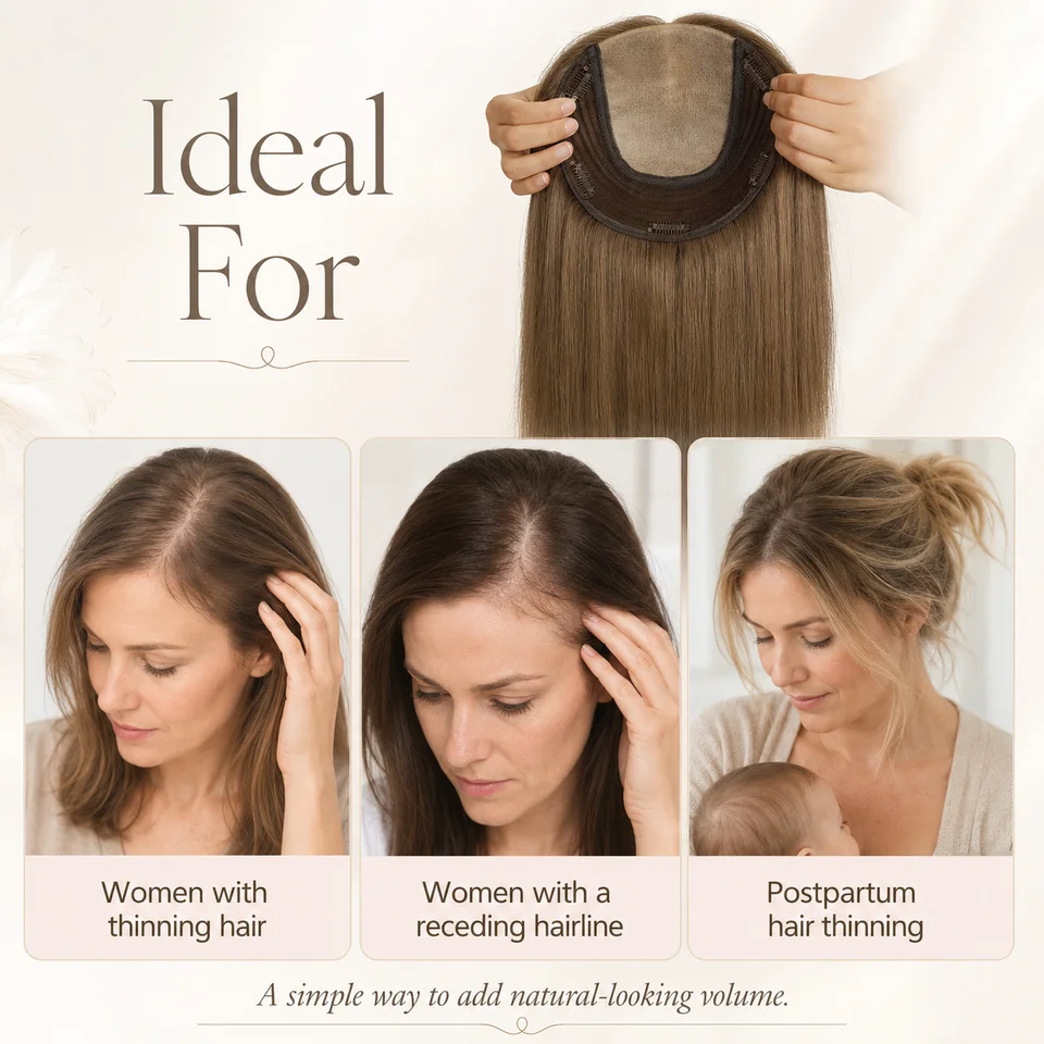 Toupee de base de seda TUW29 para mujer, solución para cabello fino, apariencia natural 4