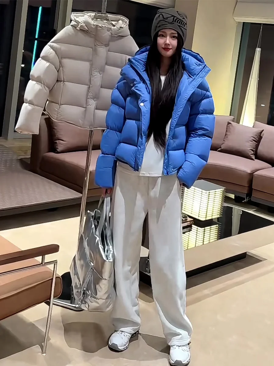 

Повседневная женская пуховая куртка с капюшоном, теплая, модная, свободного кроя, стройнящая, синяя, зимняя верхняя одежда