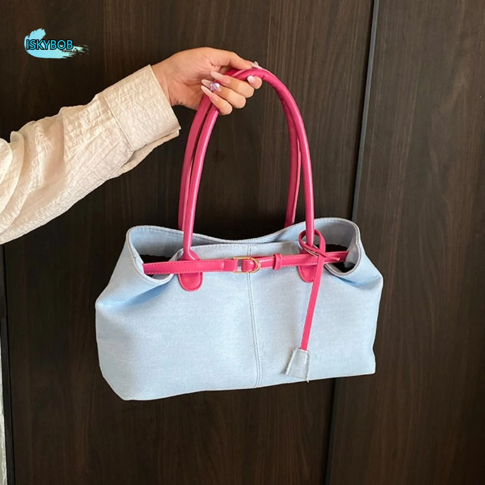 

Hasp Closure Denim Shoulder Bag Patchwork Color Large Capacity Vintage Armpit Bag Elegant Chic Casual Tote Bag Streetwear
