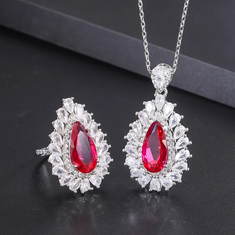 

Corundum Pendant Jewelry Set Red Ruby Party Ring for Women