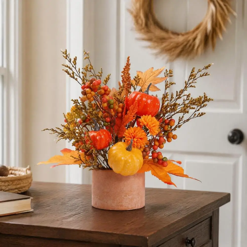 Decorative Mini Pumpkins Artificial Pumpkin Potted Decor Fall Pumpkin Flower Arrangement Artificial Maple Berry Potted Plant