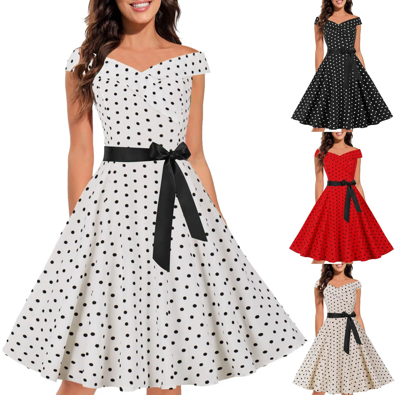 Women\'s Vintage Cocktail Dress 1950s Retro Sleeveless Polka Dot Swing Party Dress Loose Casual Waist Bow Tie Fashion Dress