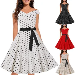 Women's Vintage Cocktail Dress 1950s Retro Sleeveless Polka Dot Swing Party Dress Loose Casual Waist Bow Tie Fashion Dress