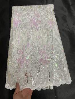 Tela de encaje africano para vestidos de novia, tejido de Organza nigeriana de alta calidad con lentejuelas, 5 yardas, promoción, 2024, Wp672-2