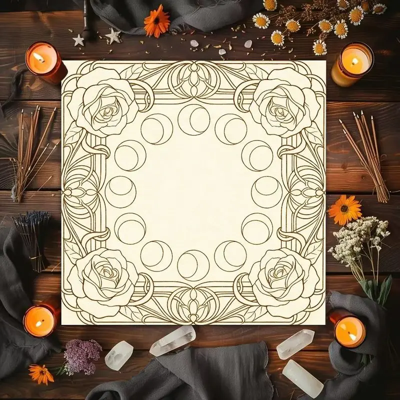 VIKAMA Color Window Black Cat Moon Phase Rose Retro Flower Altar Cloth Tarot Card Tablecloth Wika Divination Astrology Card Pad
