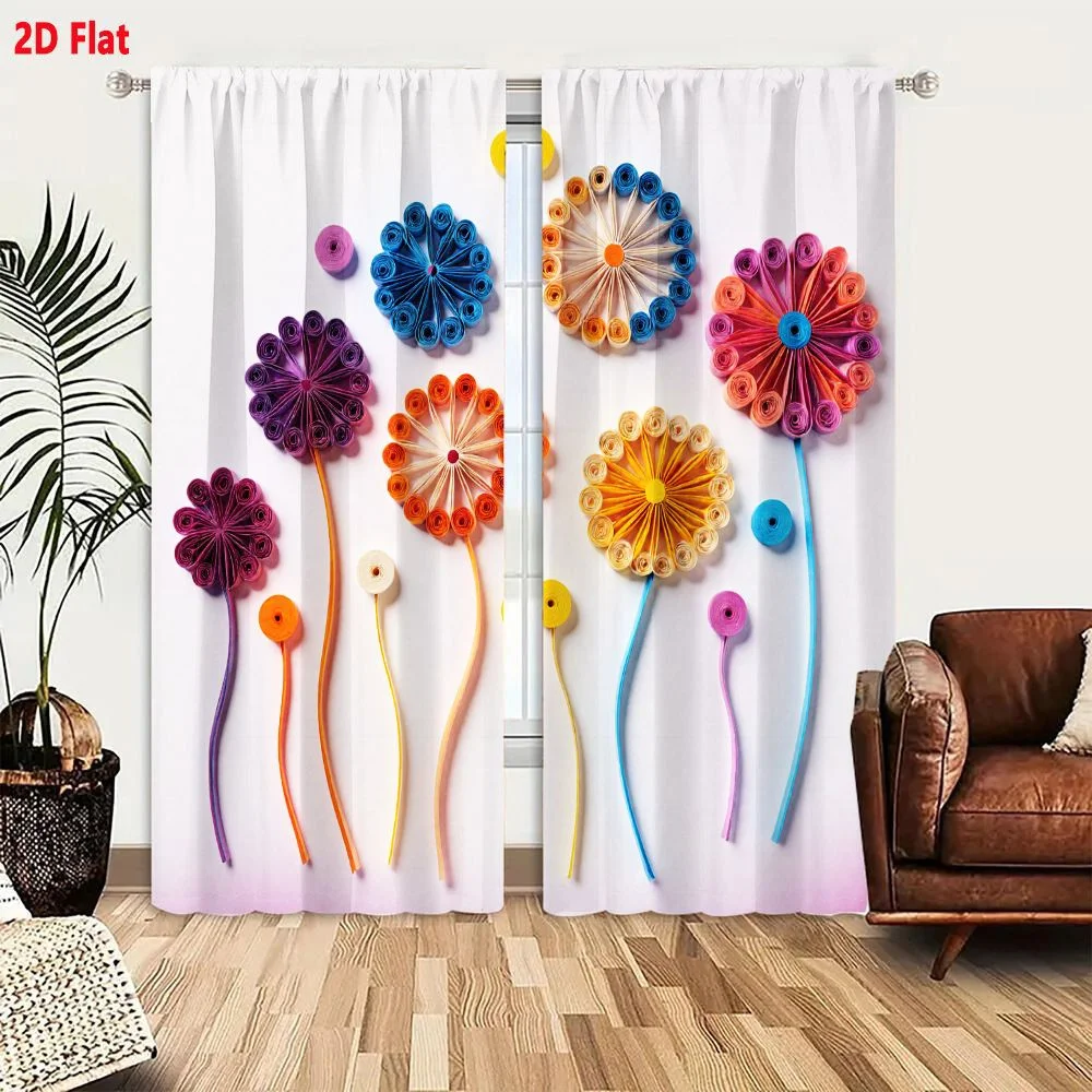 2Pcs Curtains 2D Flat Colorful Paper Quilling Flowers Collection with 7 Distinct Designs Including Blue Orange Pink Purple Yello